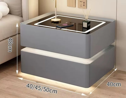 Contemporary Solid Wood Bedside Table with Wireless Charging and Lockable Drawers, 40cm Nightstand