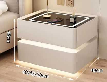 Contemporary Solid Wood Bedside Table with Wireless Charging and Lockable Drawers, 40cm Nightstand