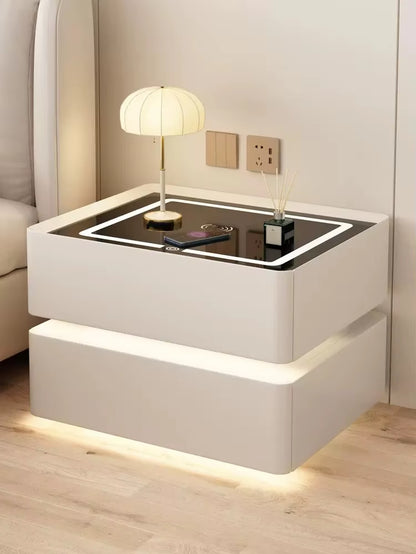 Contemporary Solid Wood Bedside Table with Wireless Charging and Lockable Drawers, 40cm Nightstand