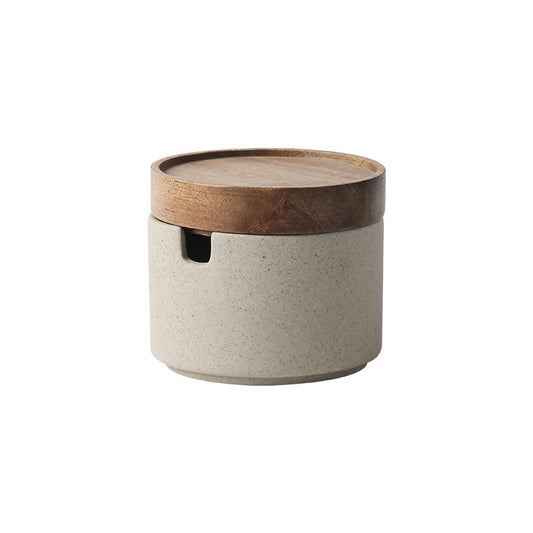 Ceramic Kitchen Seasoning Set: Three-Piece Salt Pot with Acacia Wood Tray and Lid