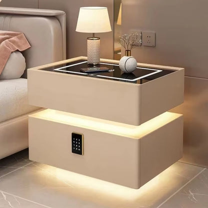 Contemporary Solid Wood Bedside Table with Wireless Charging and Lockable Drawers, 40cm Nightstand